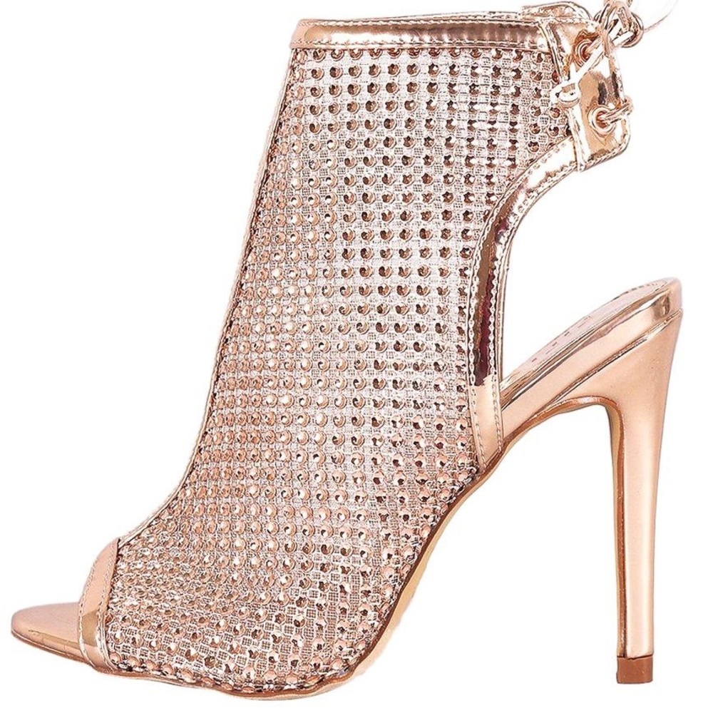 Restock 🎊Host Pick🎉Rose Gold Peep Toe Rhinestone Mesh Vegan Leather Heel Boots